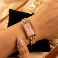 Vintage Rectangular Pink Dial Watch | Anti-Tarnish Gold Plated