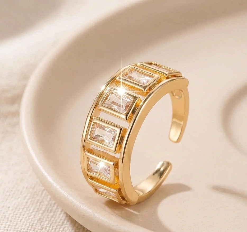 Baguette Crystal Adjustable Gold Ring for Women | Premium Fashion Jewelry