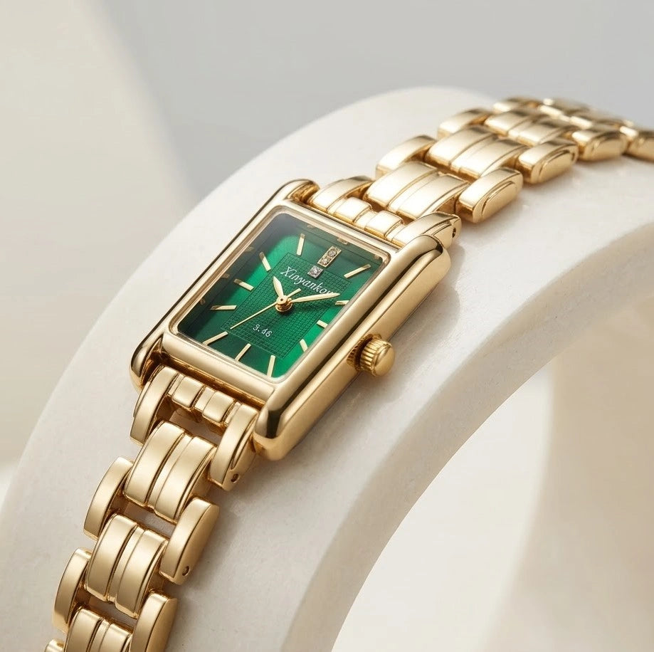 Emerald Green Minimalist Rectangular Anti-Tarnish Gold Plated Watch for Women