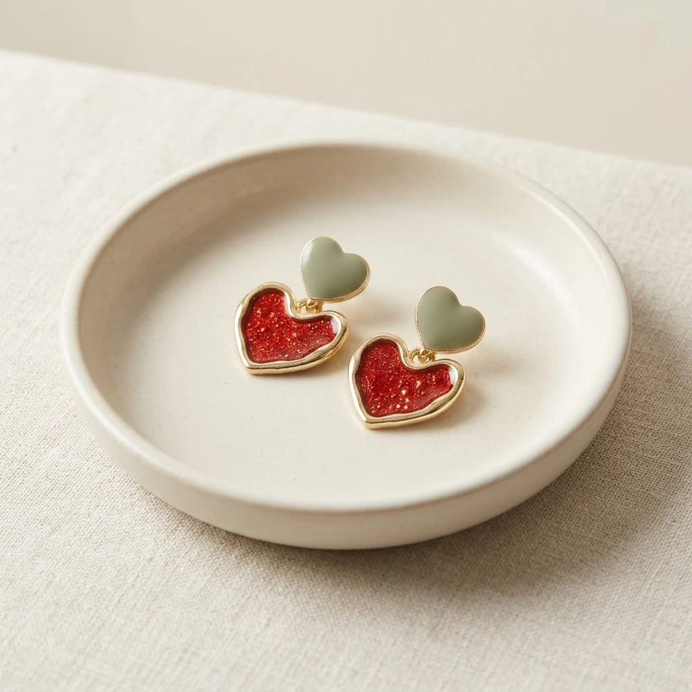 Red Glitter Double Heart Drop Earrings | Gold-Plated Coquette Jewelry