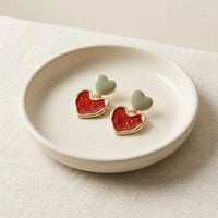 Red Glitter Double Heart Drop Earrings | Gold-Plated Coquette Jewelry