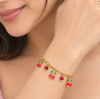 Red Cherry Charm Coquette Bracelet - Anti Tarnish Gold Plated