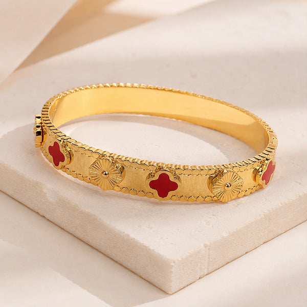 Red clover motif anti tarnish gold plated bracelet front view