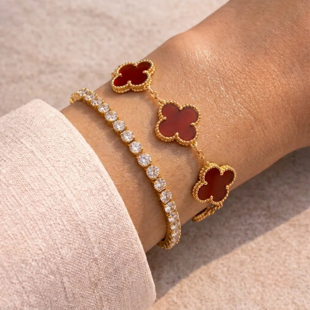 Red Clover & Tennis Bracelet Stack | Anti-Tarnish Gold Plated | Old Money Aesthetic