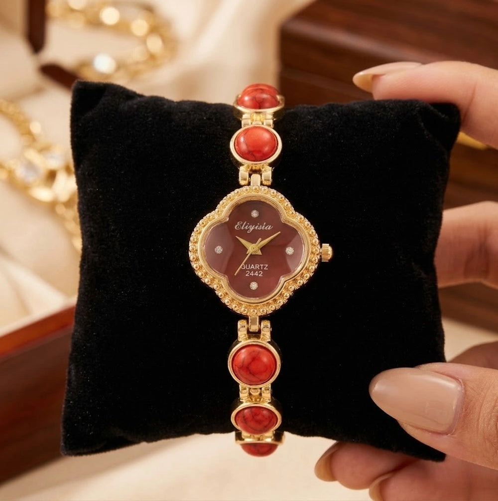 Vintage Red Clover Dial Watch for Women | Anti-Tarnish Gold Plated Bracelet Watch