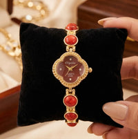 Vintage Red Clover Dial Watch for Women | Anti-Tarnish Gold Plated Bracelet Watch