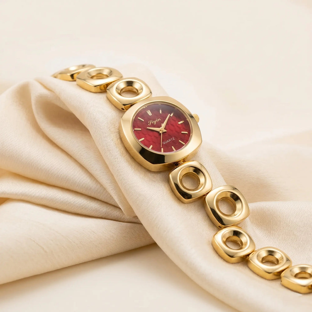 Vintage Geometric Chain Anti-Tarnish Gold Plated Watch with Maroon Dial