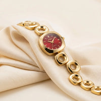 Vintage Geometric Chain Anti-Tarnish Gold Plated Watch with Maroon Dial