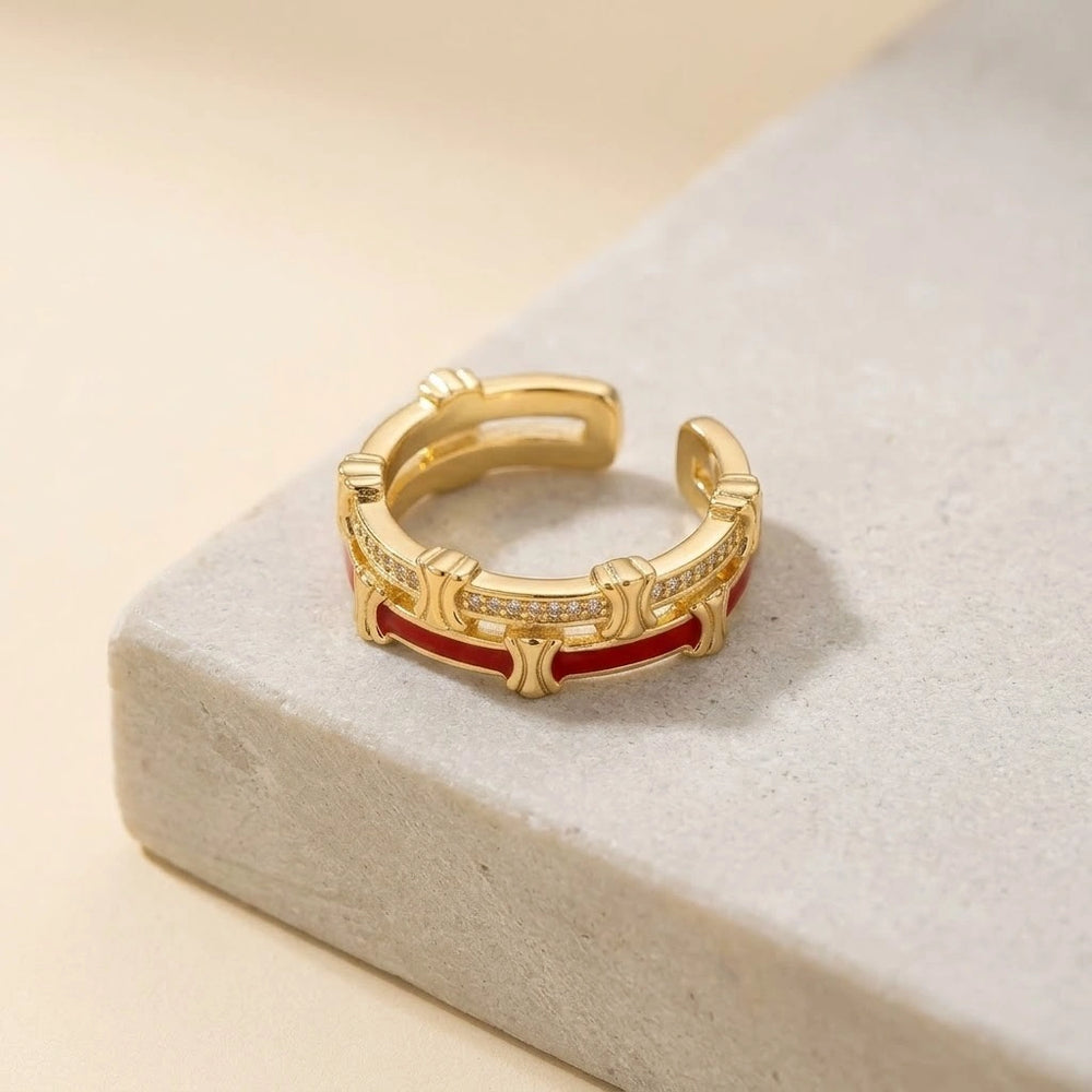 Red Enamel Layered Adjustable Ring - Anti Tarnish Gold Plated | Korean Minimalist Design