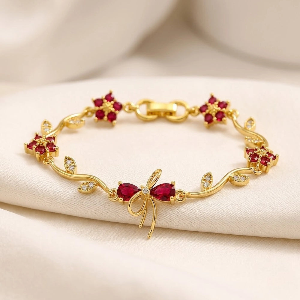 Red Floral Bow Bracelet | Anti-Tarnish Gold Plated