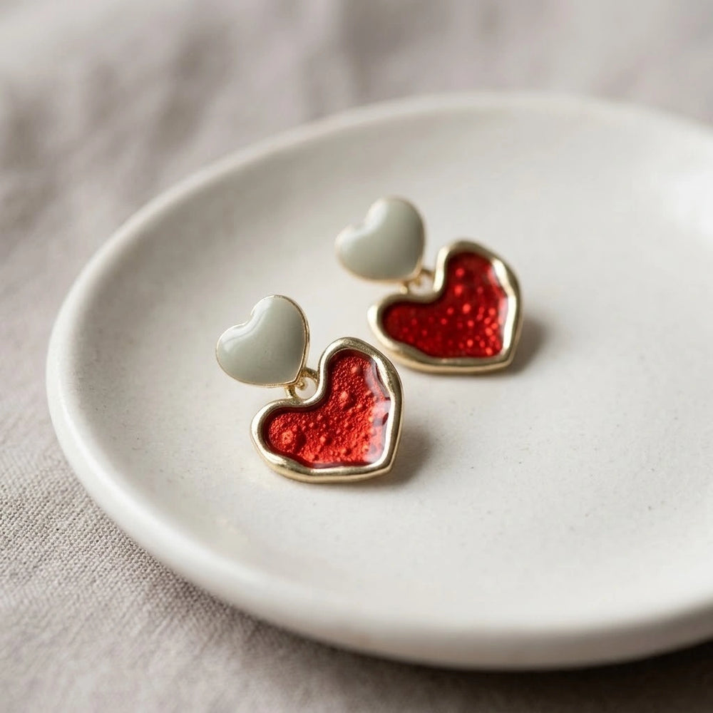 Red Glitter Double Heart Drop Earrings | Gold-Plated Coquette Jewelry
