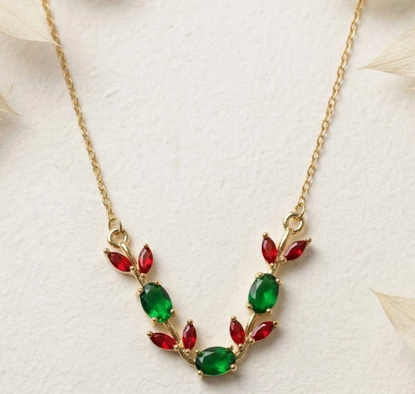 Tulip Red & Green Floral Stone Necklace - Anti Tarnish Minimalist Fashion Jewelry
