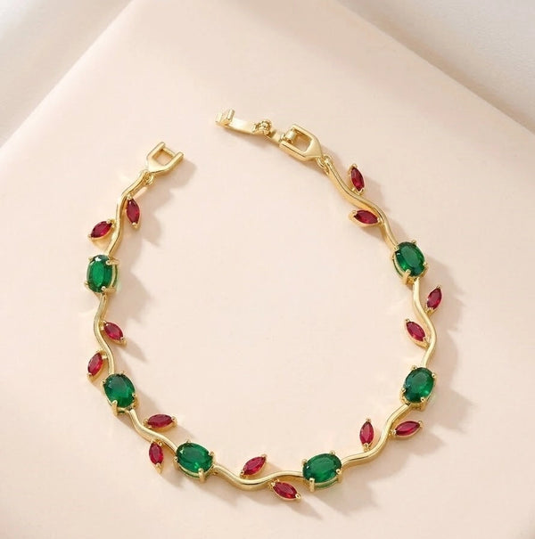Red & Green Stone Wavy Vine Anti-Tarnish Gold Plated Bracelet