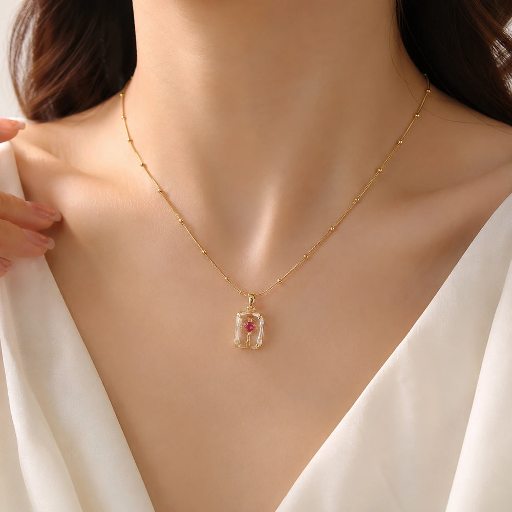 Red Heart Clear Pendant Anti-Tarnish Gold-Plated Necklace