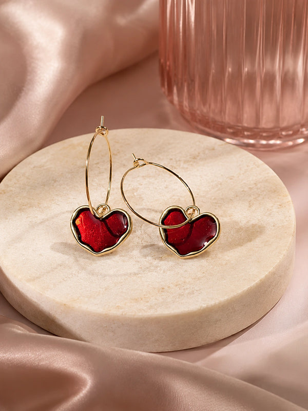 Red Heart Hoop Earrings Front View Gold Plated