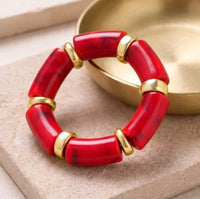 Crimson Red Tube Statement Bracelet with Gold Accents