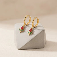 Red Tulip Flower Drop Hoop Earrings - Anti Tarnish Gold Plated