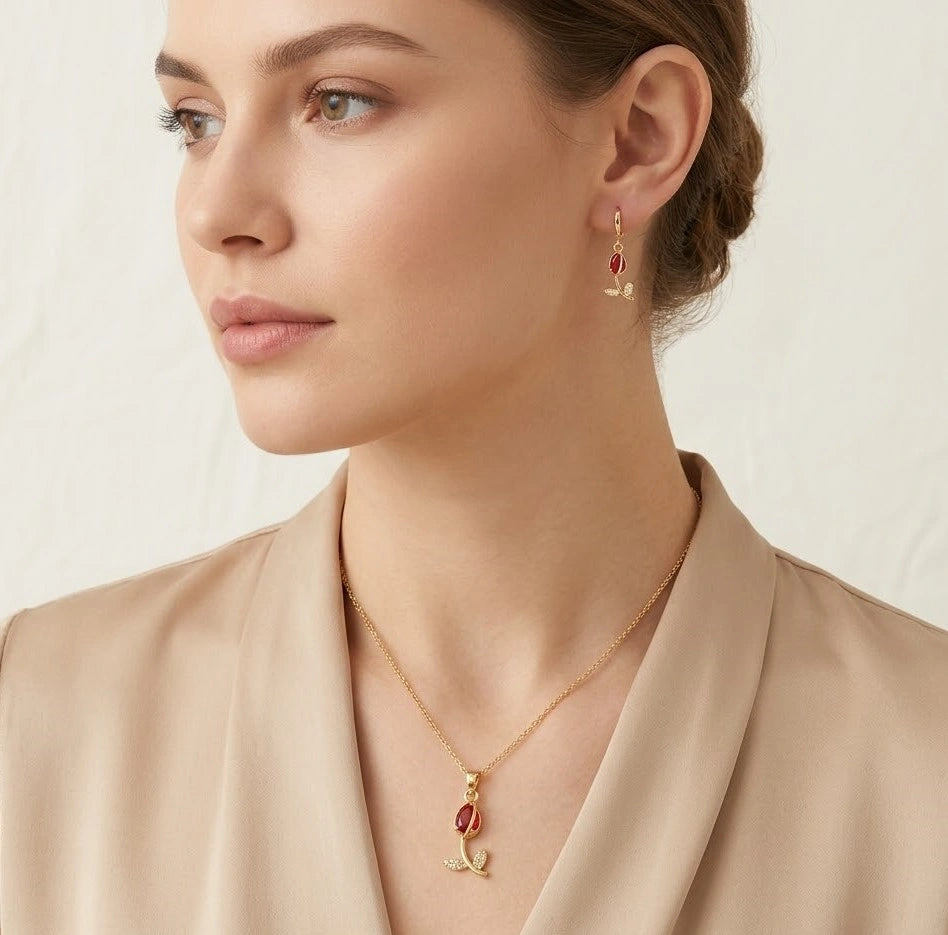 Red Tulip Necklace and Earring Set - Anti-Tarnish Floral Jewelry Combo
