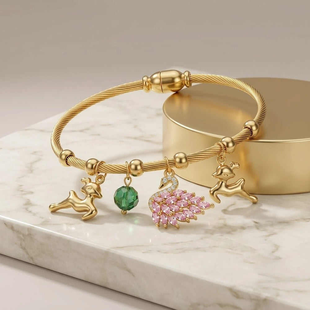 Swan & Reindeer Charm Anti-Tarnish Gold Plated Bracelet