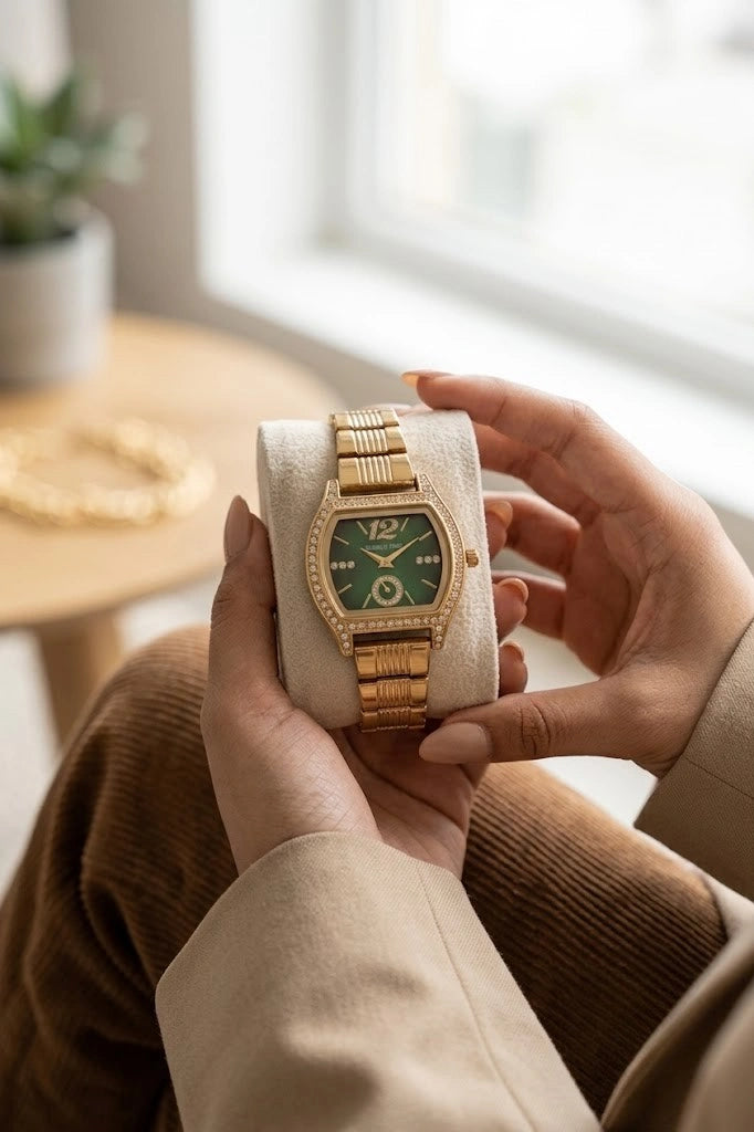 Bubble Time Emerald Green Dial Anti-Tarnish Gold Plated Watch for Women