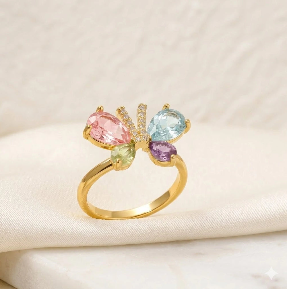 Pastel Butterfly Statement Ring | Multi-Color Rhinestone Fashion Jewelry