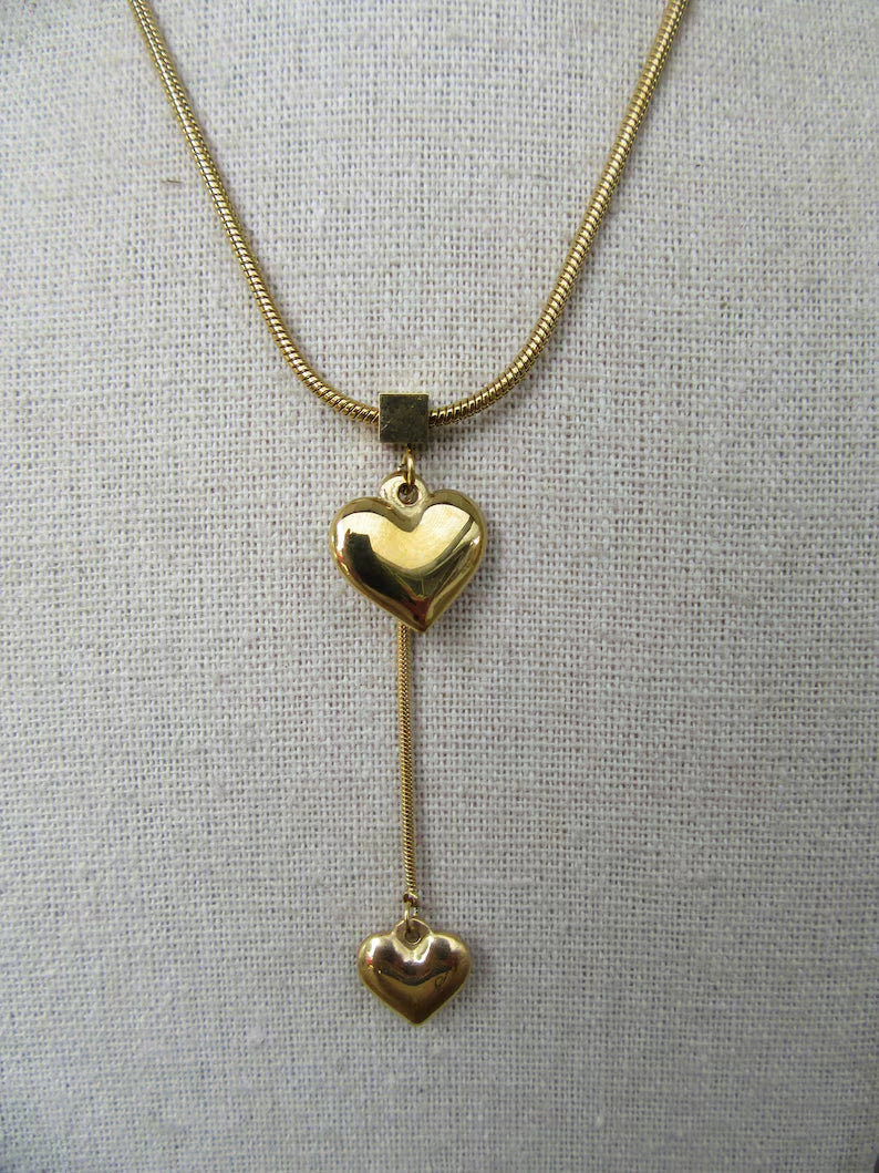 Double Heart Lariat Necklace - Anti-Tarnish Gold Plated Minimalist Tassel Pendant