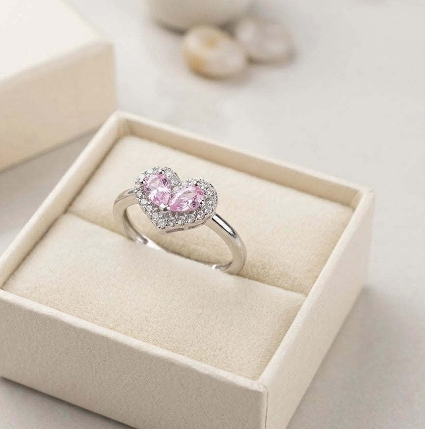 Pink Heart Halo Fashion Ring - High-Quality Silver Tone