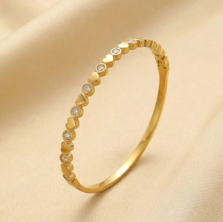 Heart & CZ Crystal Bangle Bracelet - Anti Tarnish Gold Plated