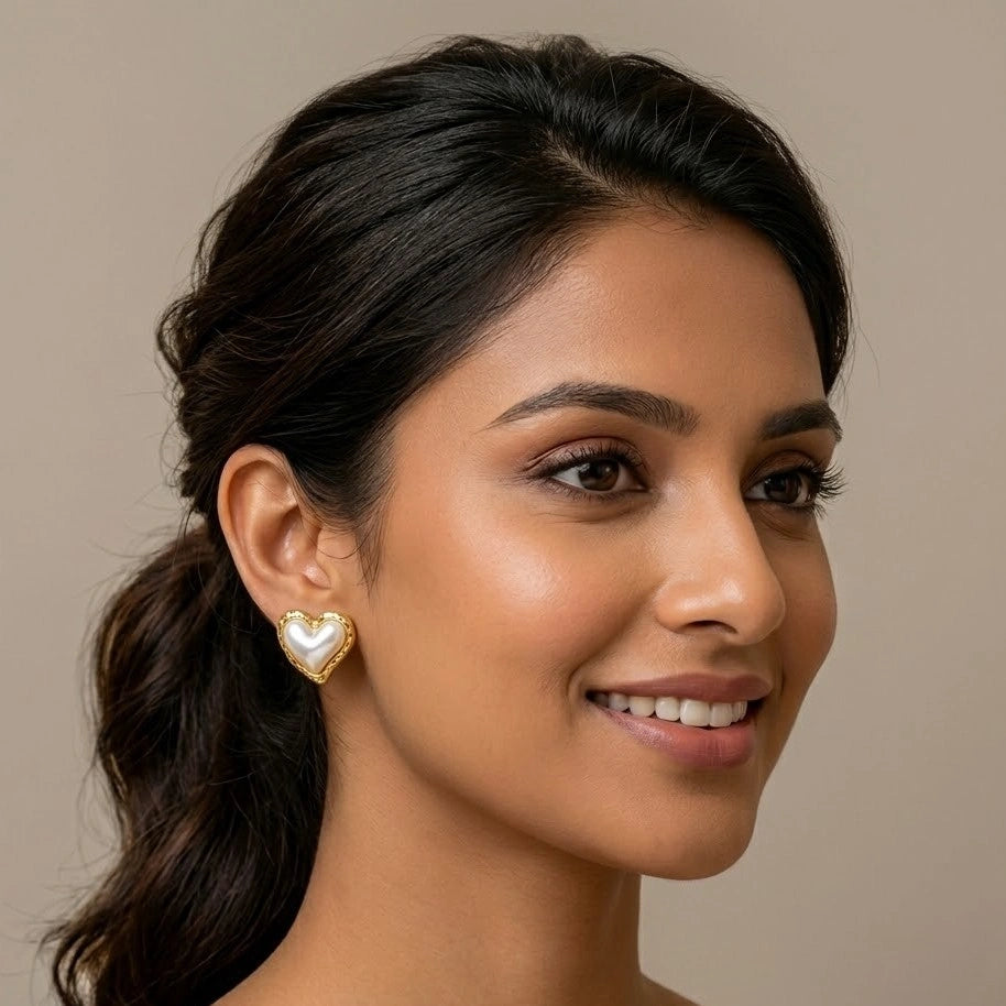 Pearl Heart Stud Earrings with Vintage Textured Border