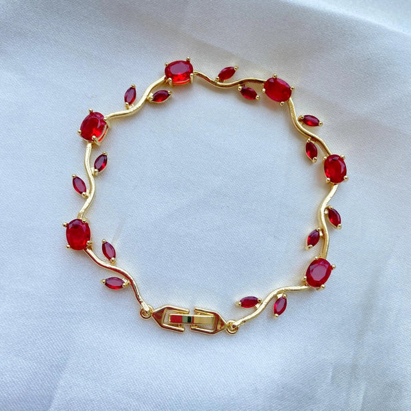 Tulip Ruby Red Leaf Vine Anti-Tarnish Gold Plated Bracelet