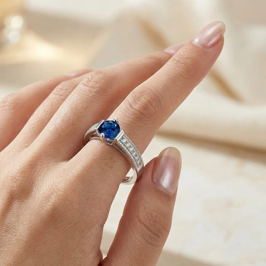 Sapphire Blue Crystal Fashion Ring for Women - High Quality Silver Tone