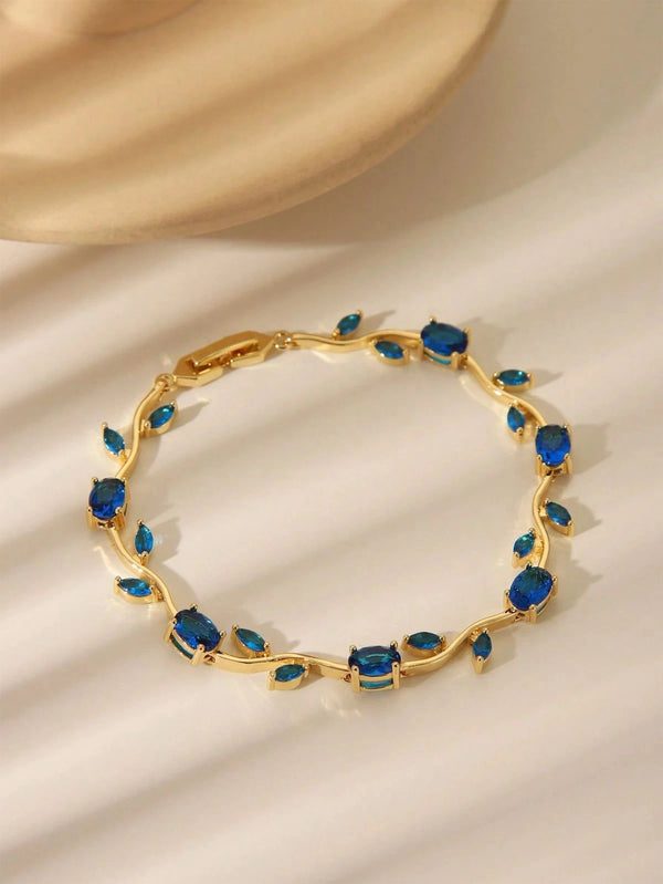 Tulip Blue Stone Vine Leaf Bracelet - Anti Tarnish Gold Plated