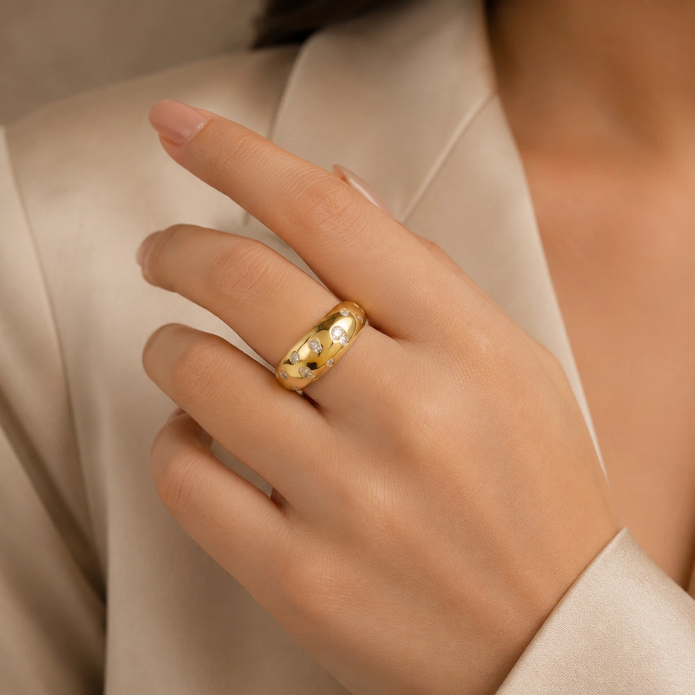Chunky Dome Scattered Crystal Ring | Anti Tarnish Gold Plated Adjustable Ring