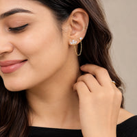 Double Piercing Chain Earrings - Anti Tarnish 18K Gold Plated CZ Marquise Helix to Lobe Studs