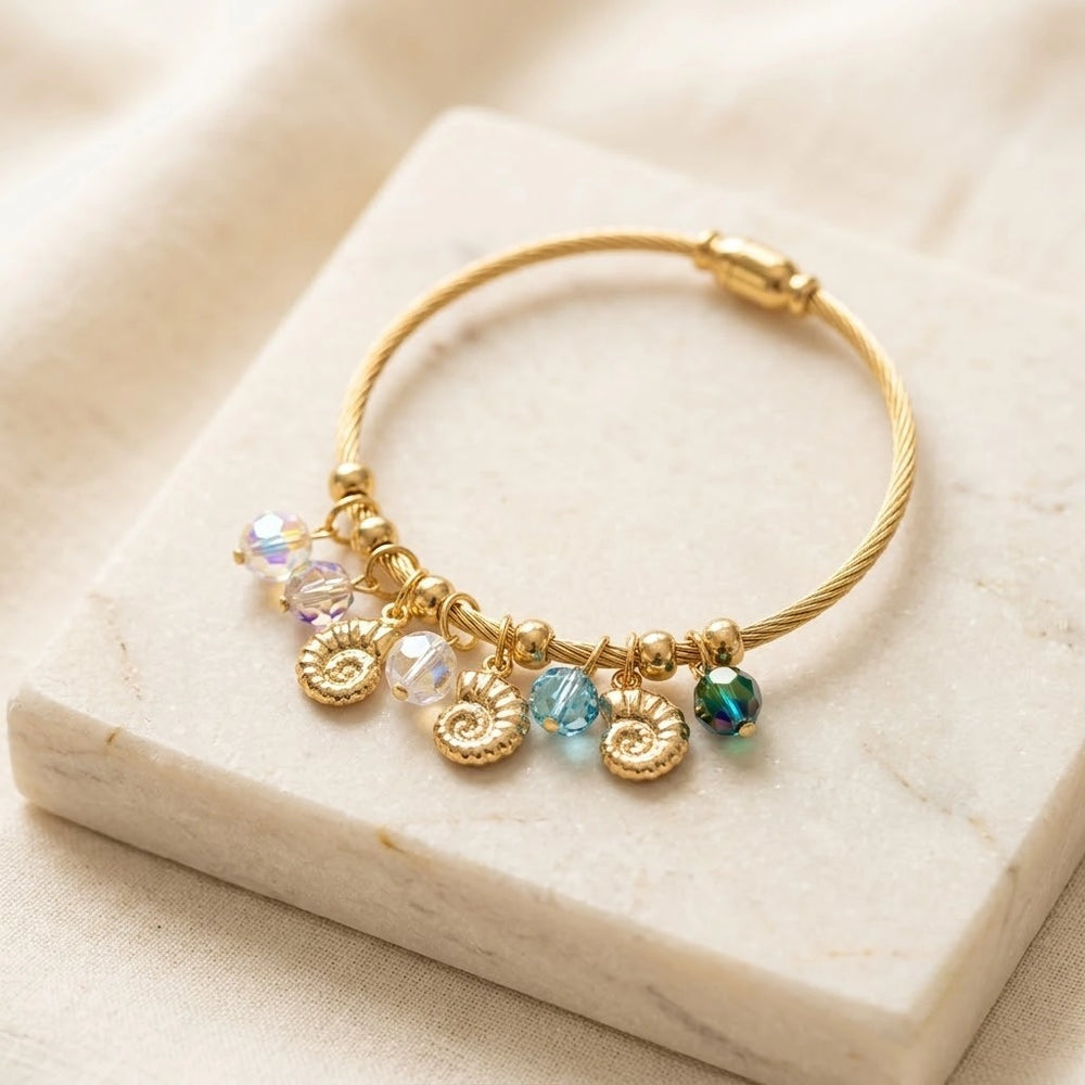 Ocean Shell Anti Tarnish Gold Plated Charm Bracelet for Women | Korean Style Crystal Bangle