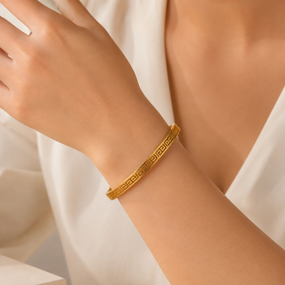 Greek Key Geometric Bangle - Anti-Tarnish Gold-Plated Bracelet