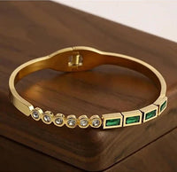 Emerald Green Baguette Gold Plated Anti-Tarnish Bangle Bracelet