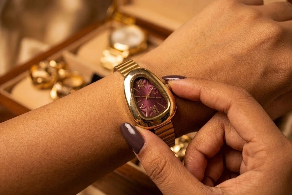 Vintage Serpentine Gold Plated Watch - Deep Burgundy Dial