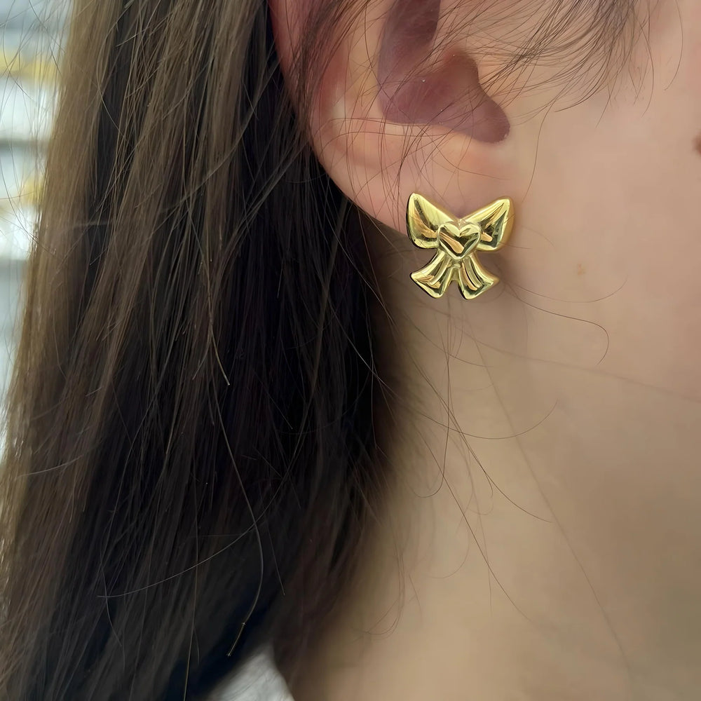 Gold Plated Ribbon Bow Earrings (Anti-Tarnish) | Premium Stainless Steel Korean Studs