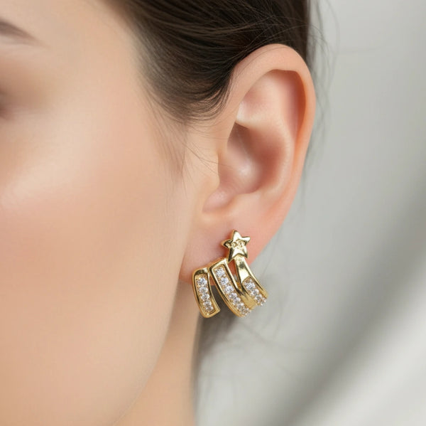 Front view of high quality gold shooting star crystal earrings