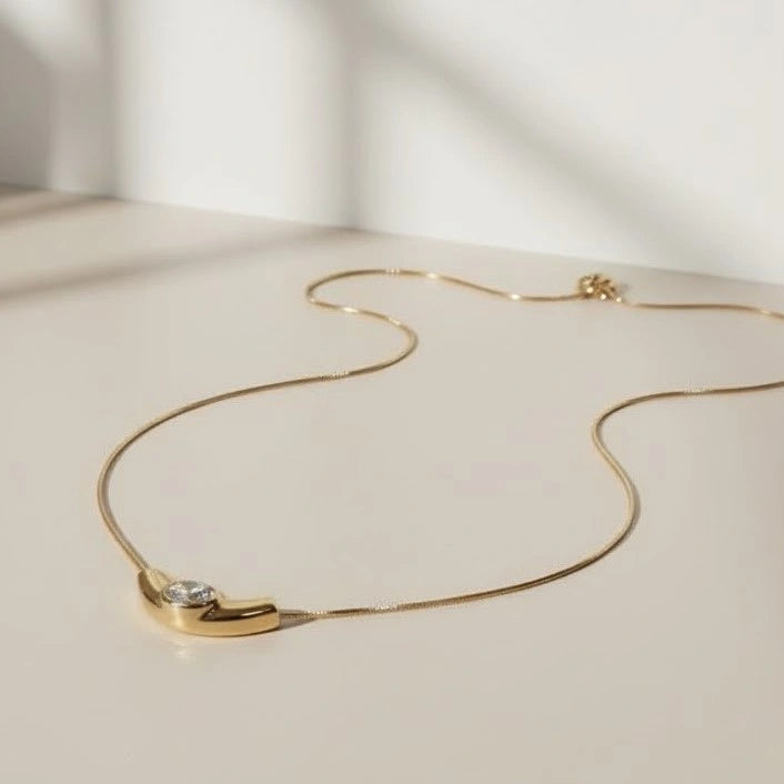 Minimalist Curved Solitaire Pendant Necklace | Anti-Tarnish Gold Plated Dainty Chain