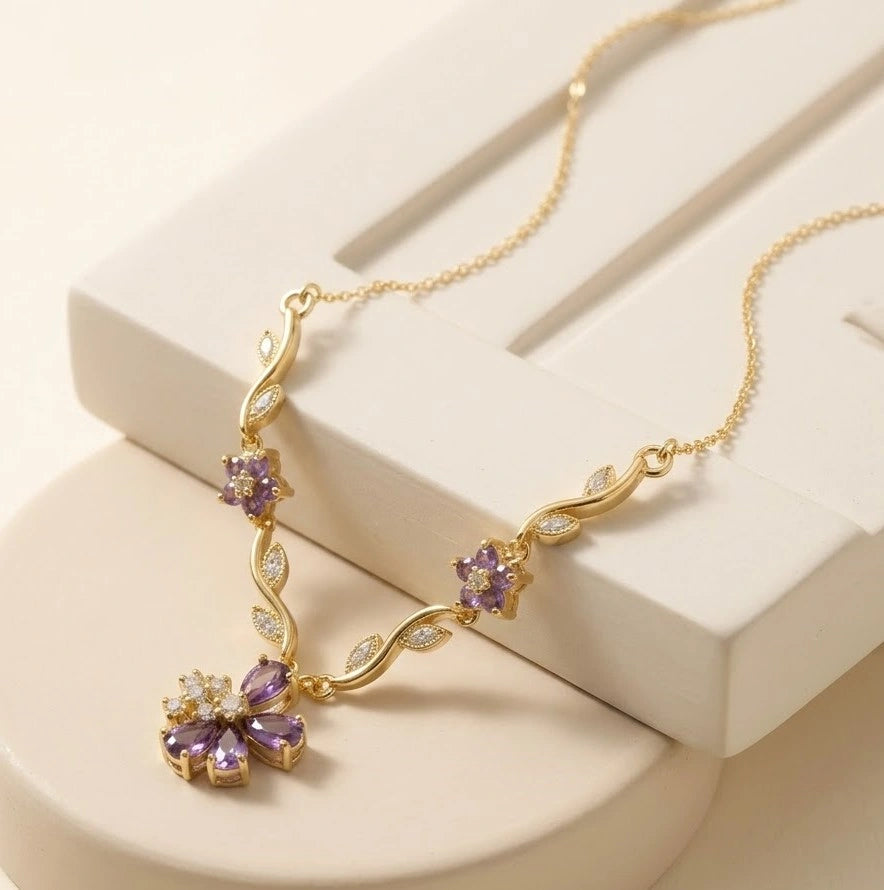 Elegant Amethyst Floral Vine Necklace | Anti-Tarnish Gold Plated Pendant-Tulip