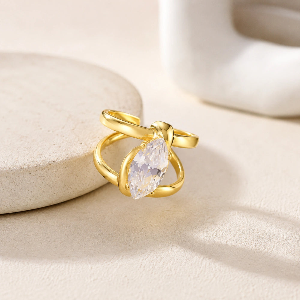 Marquise Cut Crystal Double Band Ring - Anti Tarnish Gold Plated