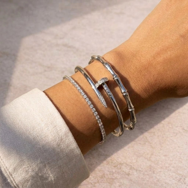 Silver Nail & Tennis Bracelet Stack Combo - 3 Piece Anti-Tarnish Set