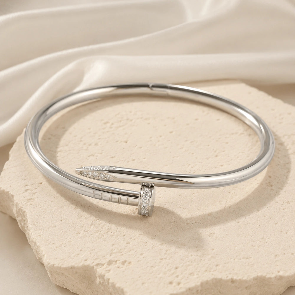 Silver Crystal Nail Bracelet | Minimalist Wrap Cuff Bangle