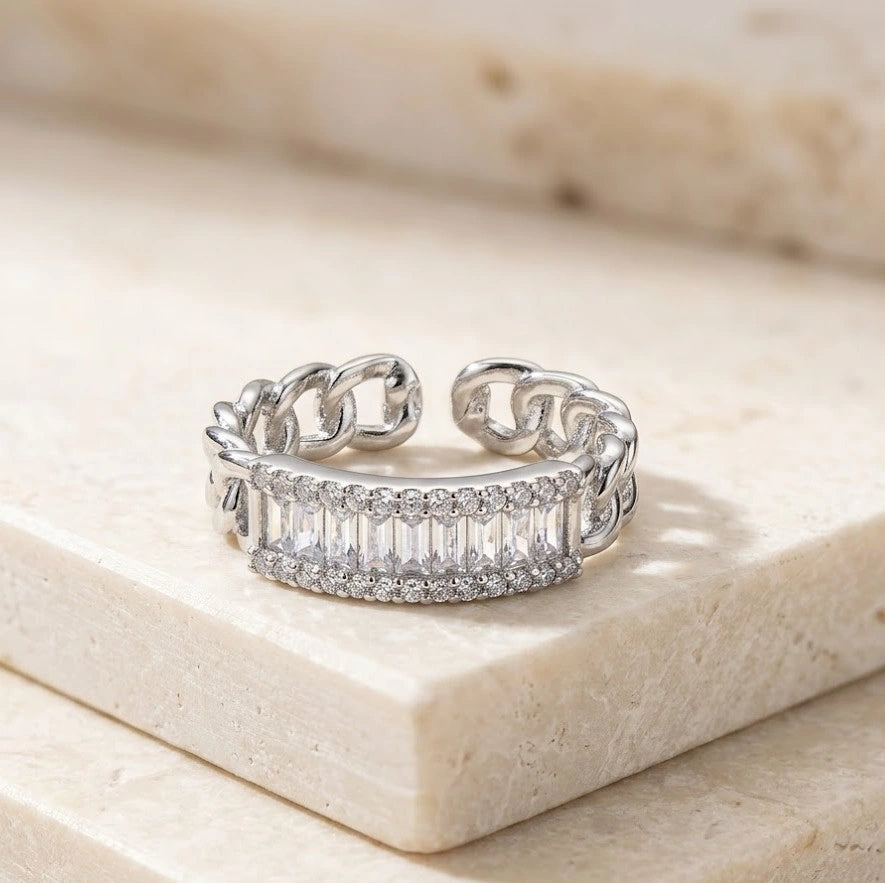 Baguette Crystal Chain Link Ring - Adjustable Silver Fashion Ring