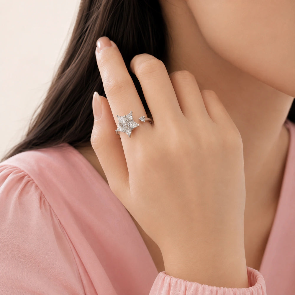 Crystal Star Adjustable Fashion Ring - High Quality Silver Plated CZ Jewelry