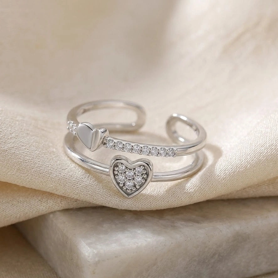 Double Layered Heart Adjustable Fashion Ring - Silver Finish Crystal Open Ring for Women