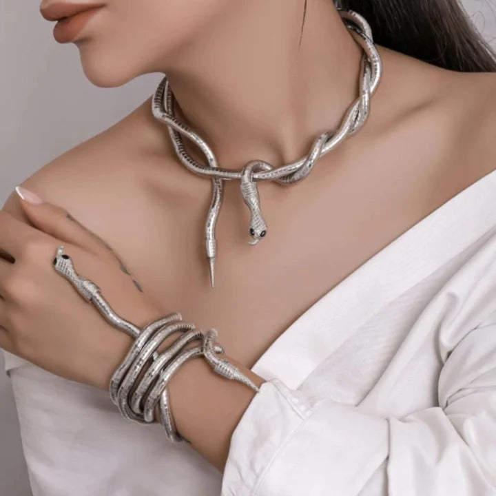 Silver Snake Wrap Necklace & Bracelet | Flexible Statement Jewelry