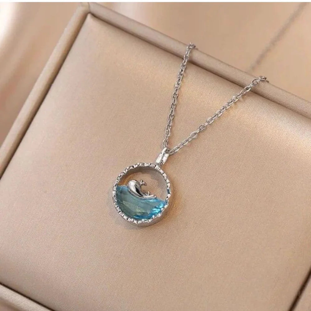 Blue Crystal Whale Pendant Necklace - Silver Tone Korean Style Fashion Jewelry